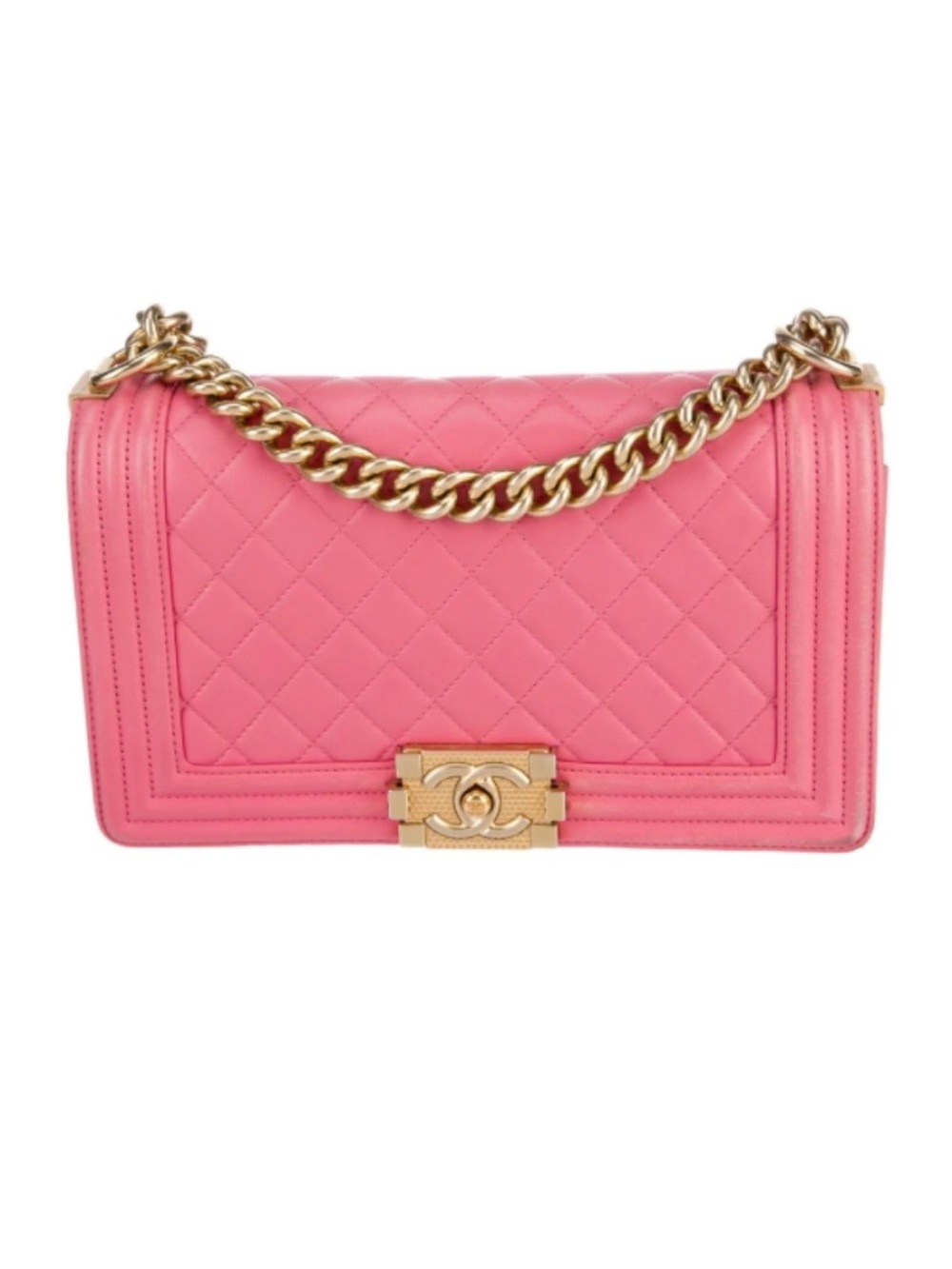 CHANEL Pink Quilted Boy Bag with Gold Hardware